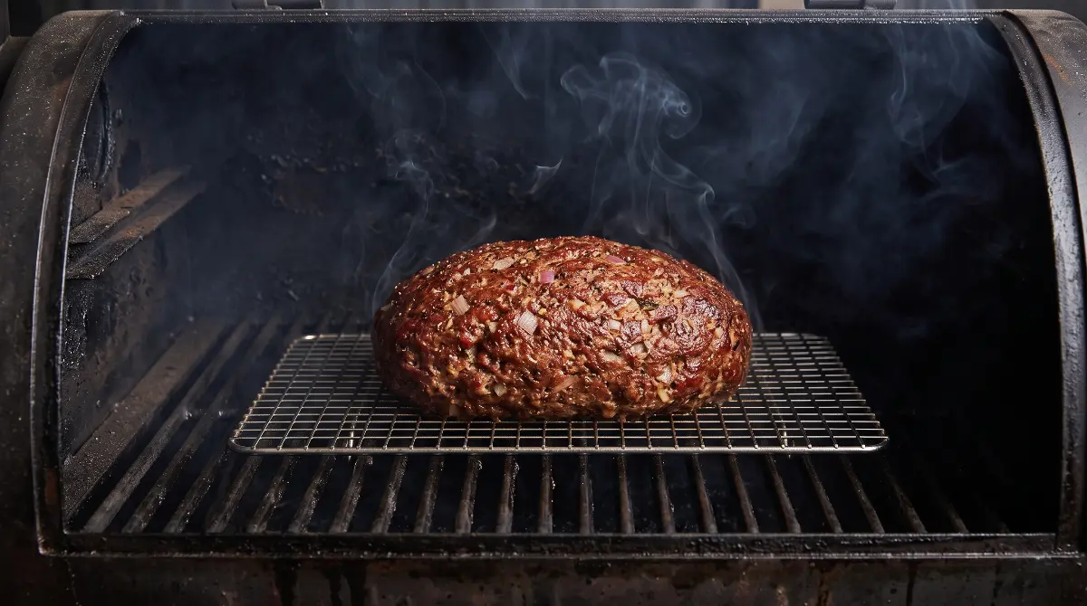 A meatloaf cooking on a grill grate inside a smoker, surrounded by wisps of smoke.