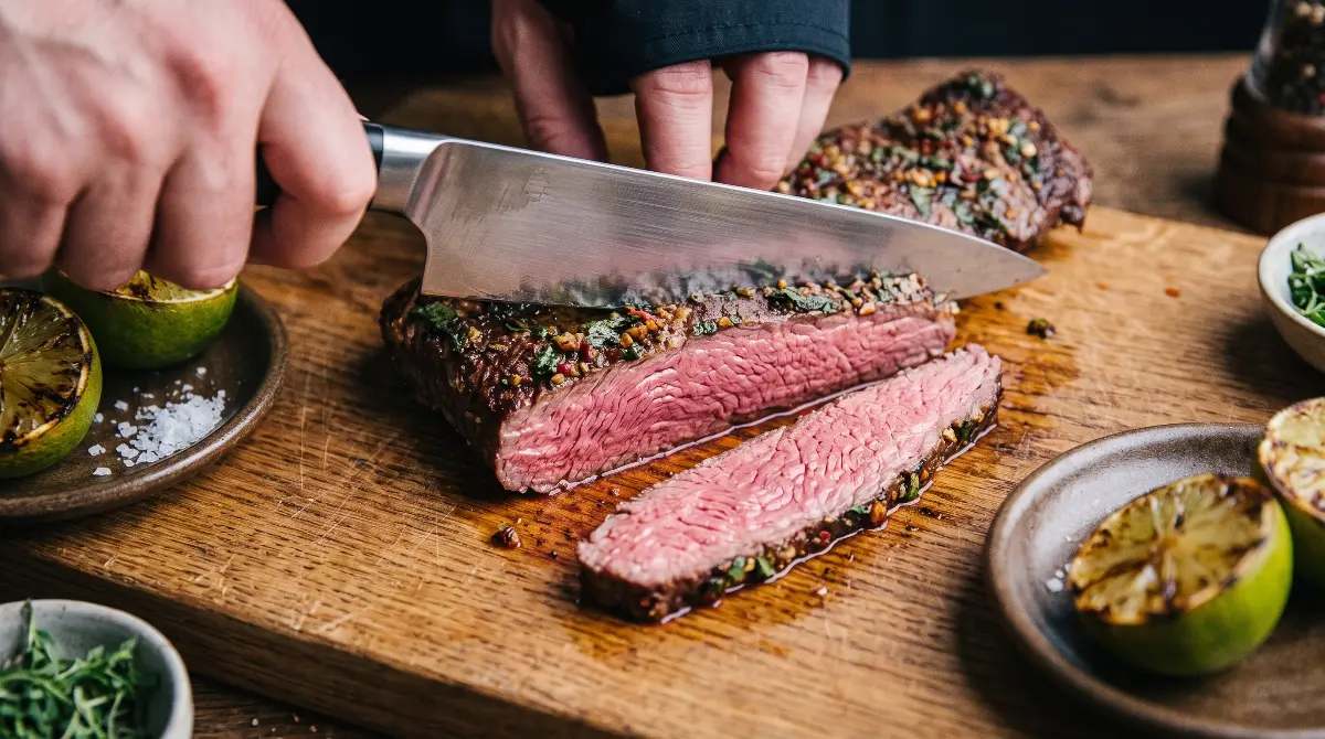 Chef's knife slicing against the grain of a juicy, medium-rare skirt steak.