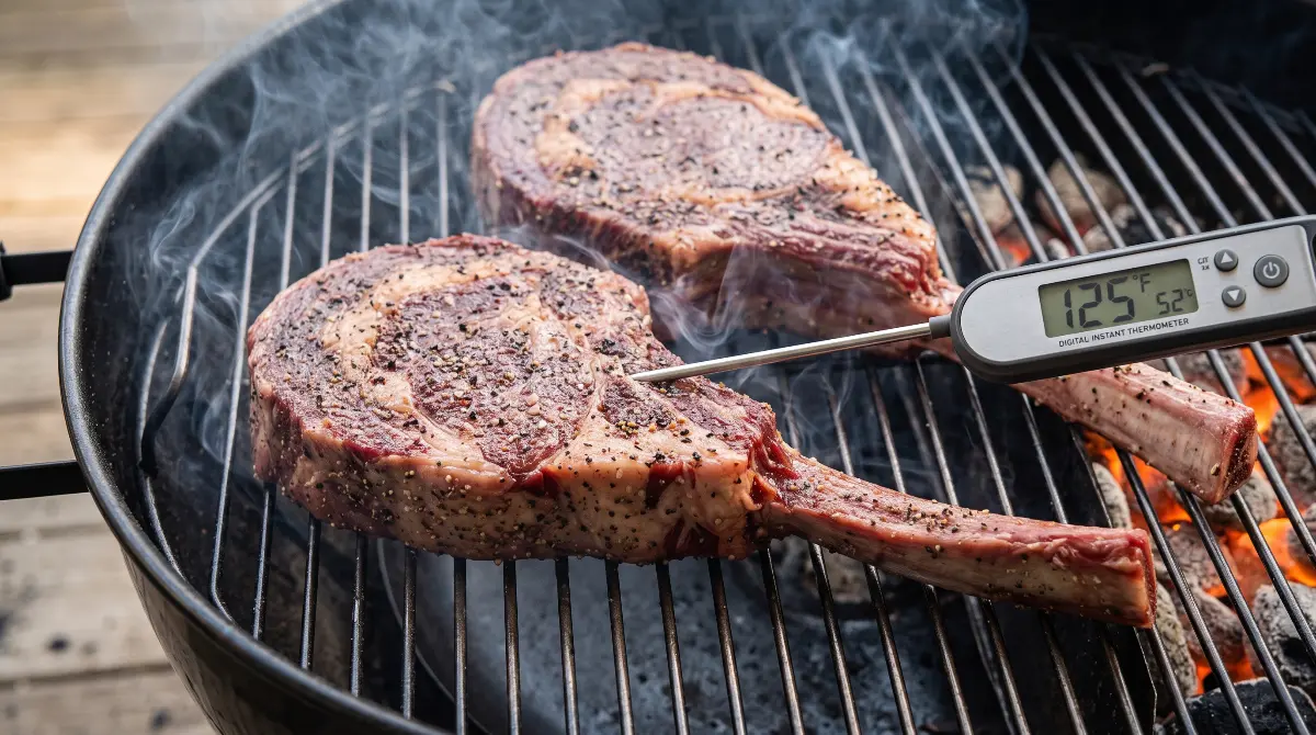 Steaks smoking on the cool zone of a grill with an instant-read thermometer inserted.