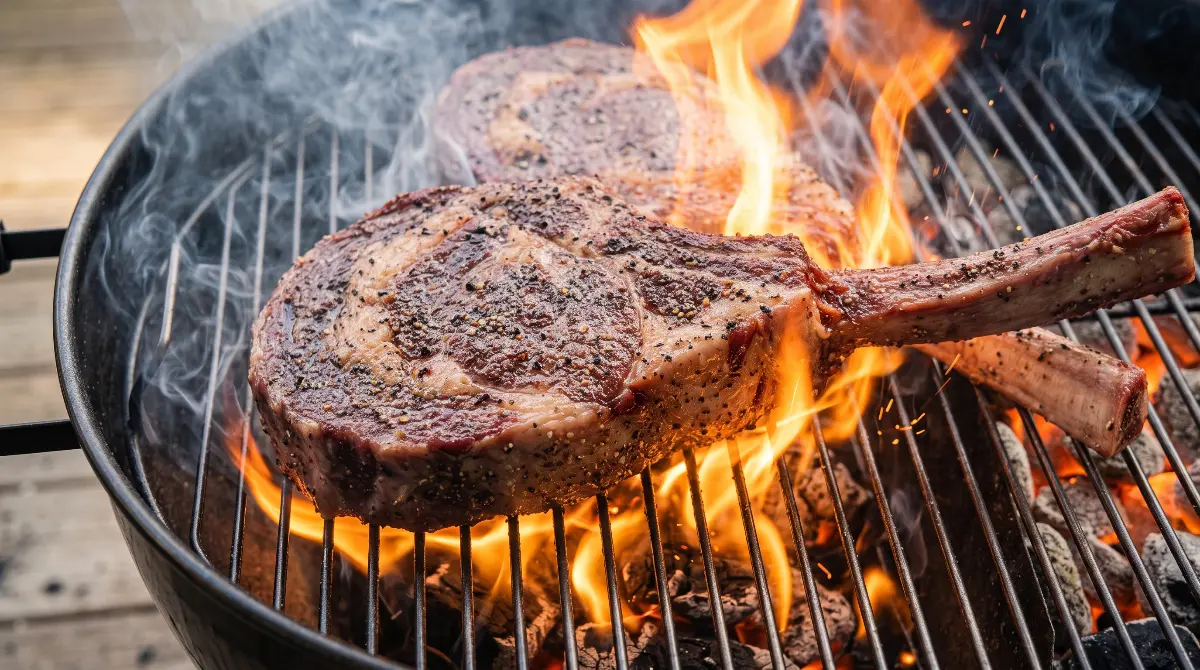A cowboy steak searing directly over open flames on a hot grill.
