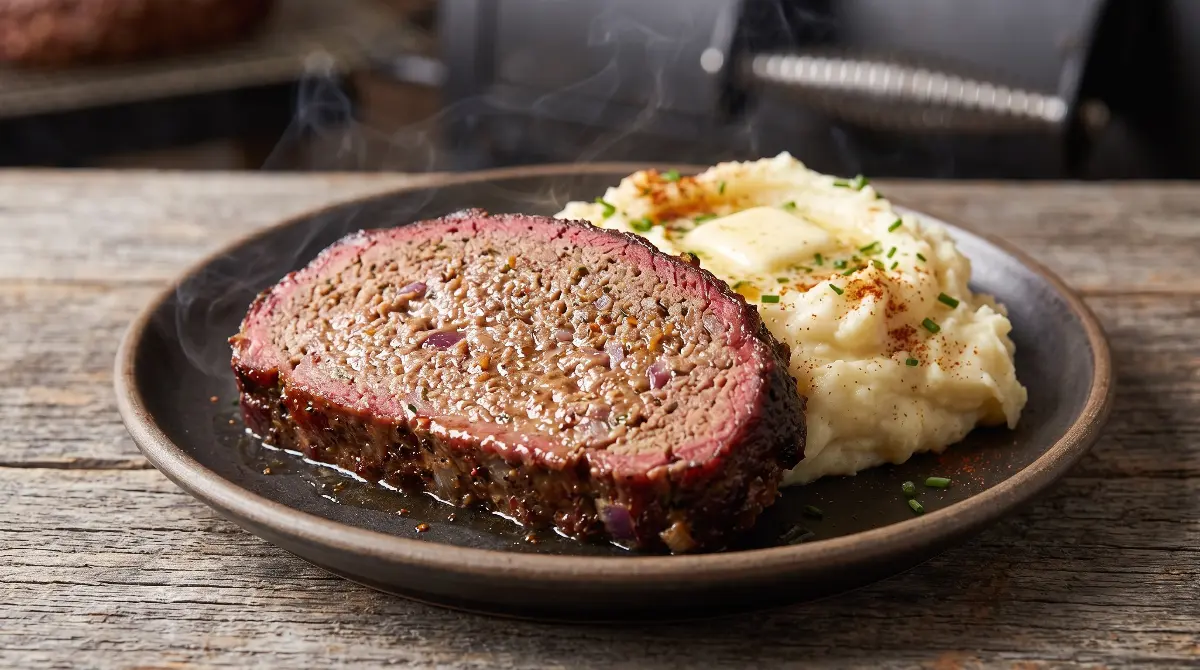 A thick slice of smoked meatloaf with a pink smoke ring, served alongside mashed potatoes.