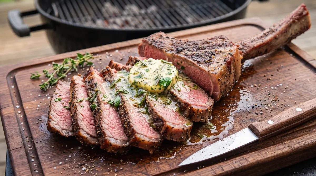 Sliced medium-rare cowboy steak on a wooden cutting board topped with melted herb butter.